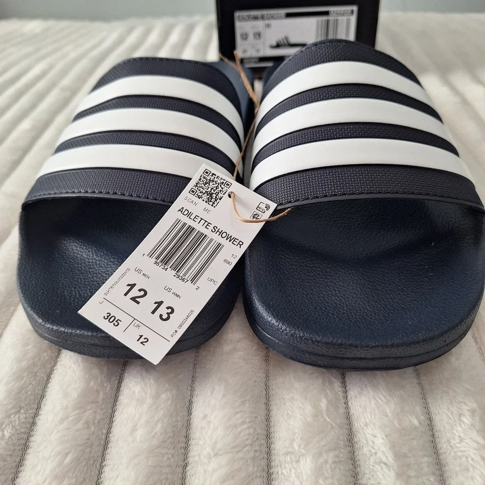 Adidas Mens Adilette Shower Slides Sandals 12 Navy Wht Striped Causal Athleisure